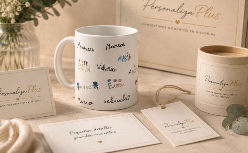 Taza con los nombres escritos por los niños de la clase
